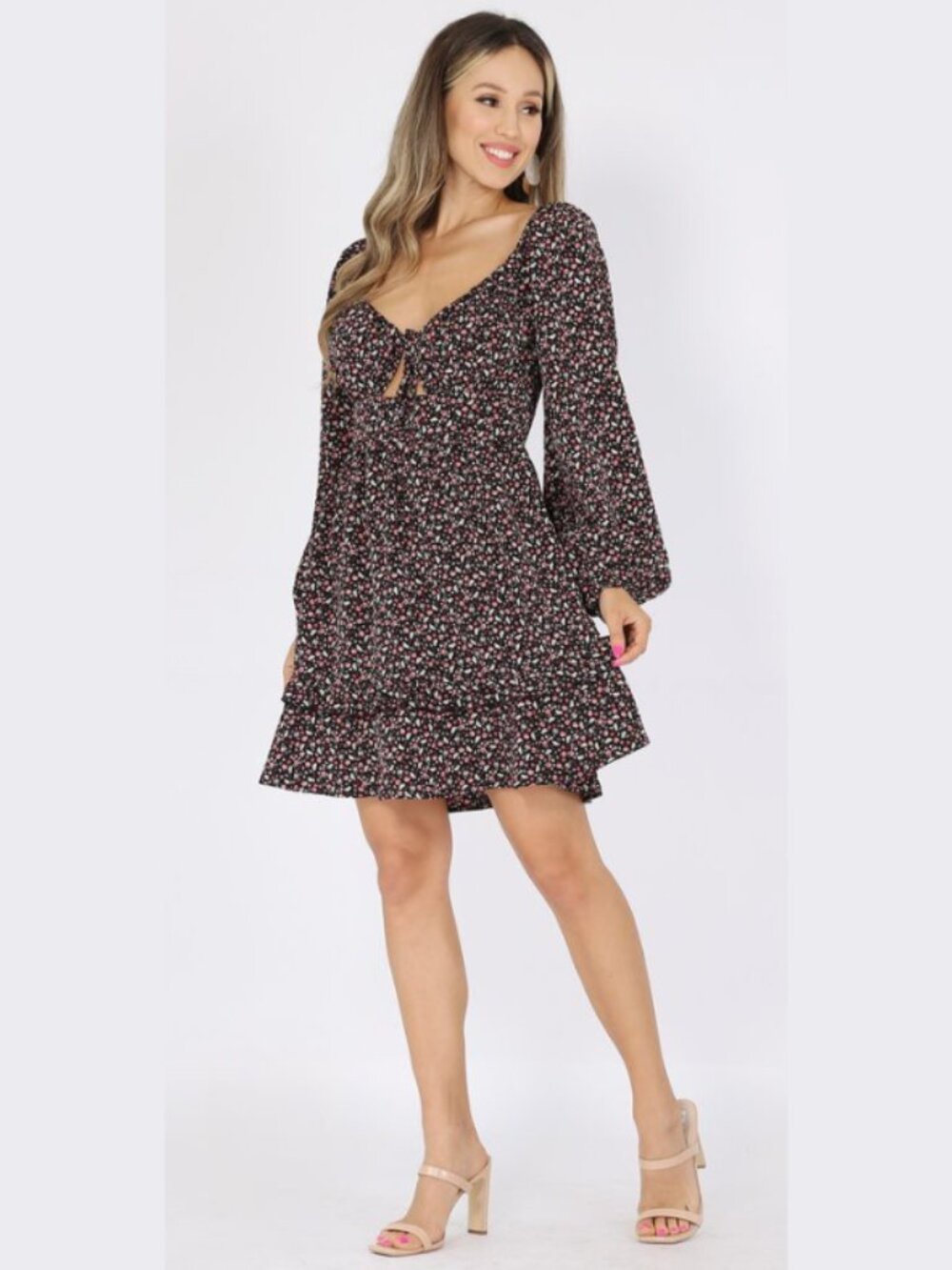 Black Floral Tie Front Mini Dress Sizes S-L